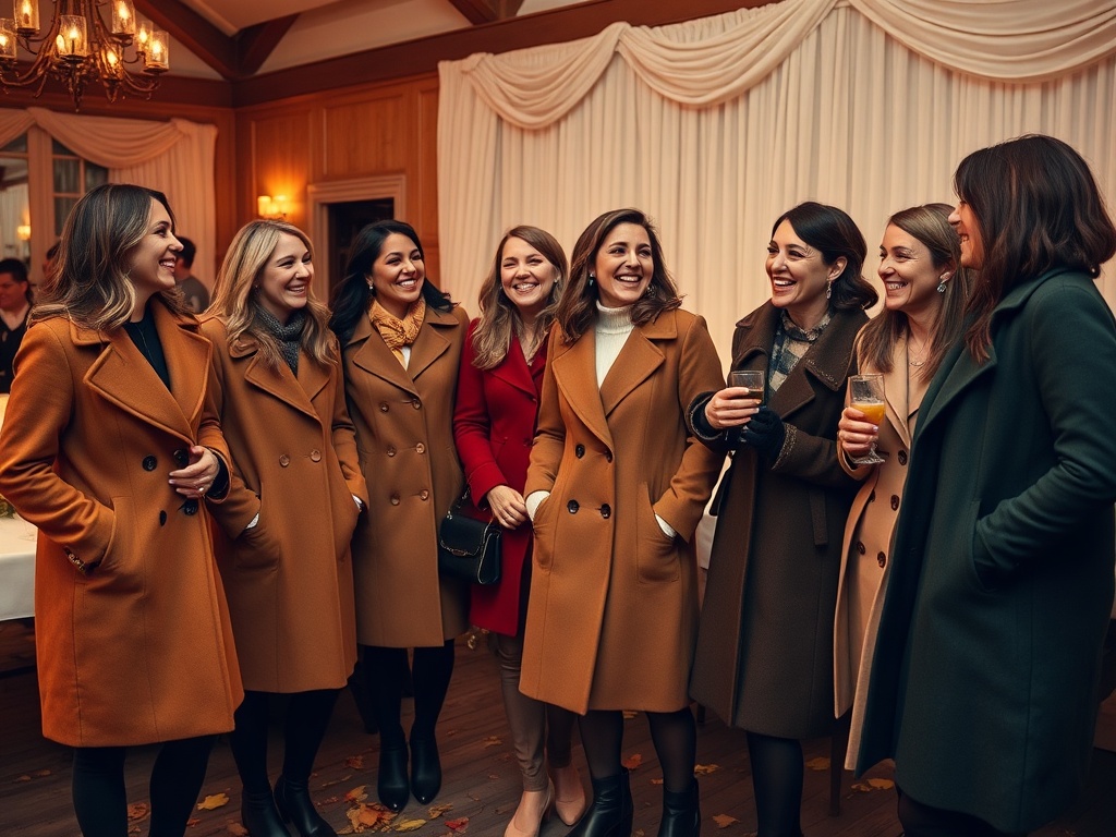 Grup de nouă femei zâmbitoare, îmbrăcate în paltoane elegante, petrecând într-un interior confortabil.