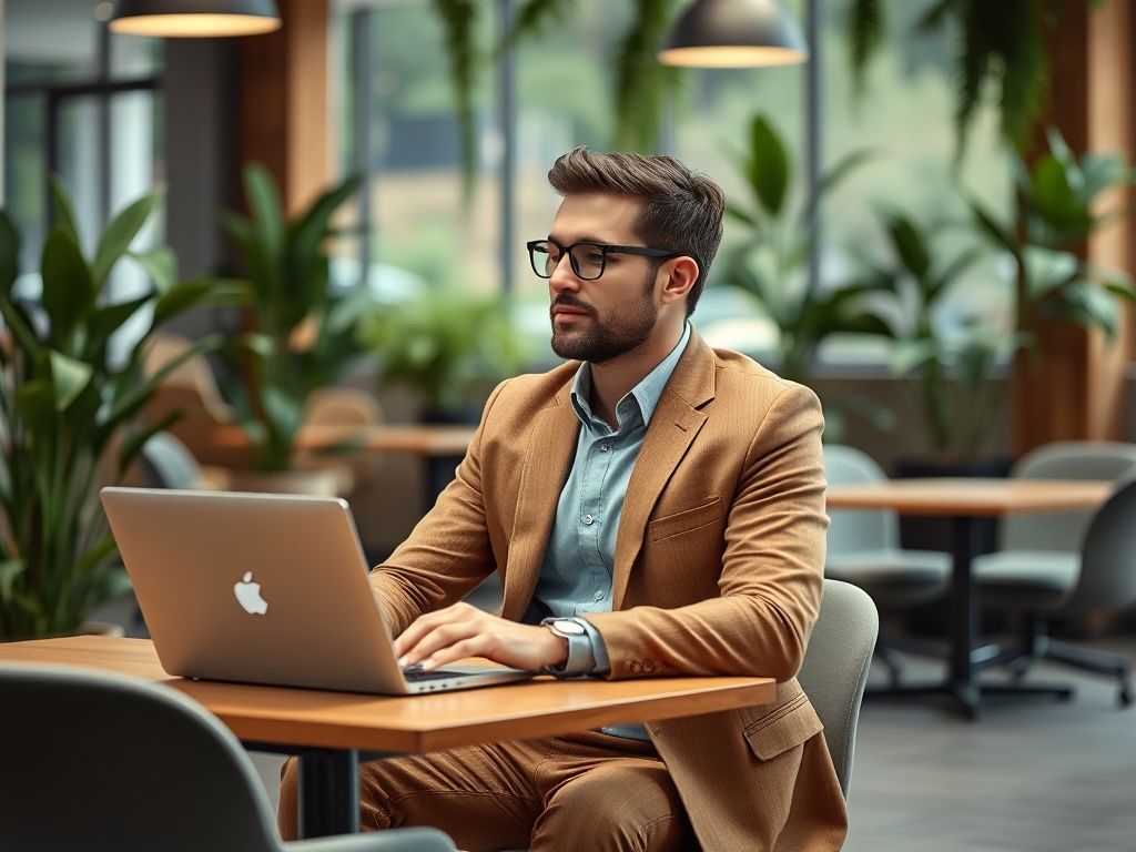 Un bărbat îmbrăcat elegant, concentrat la laptop într-un mediu modern, cu plante decorative în jur.