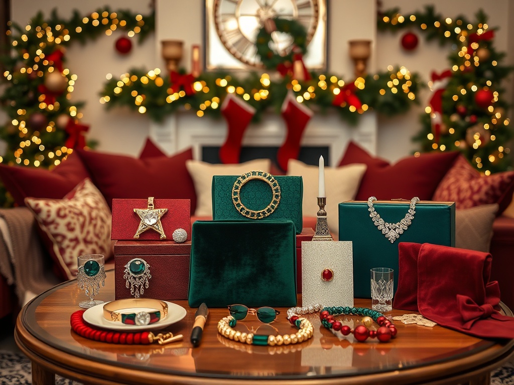O masă elegant decorată cu bijuterii strălucitoare, cutii colorate și decoruri festive de Crăciun.