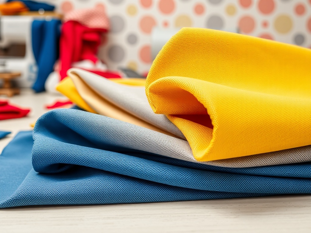 Materiale textile într-o gamă de culori, inclusiv galben, albastru și gri, așezate pe o masă.