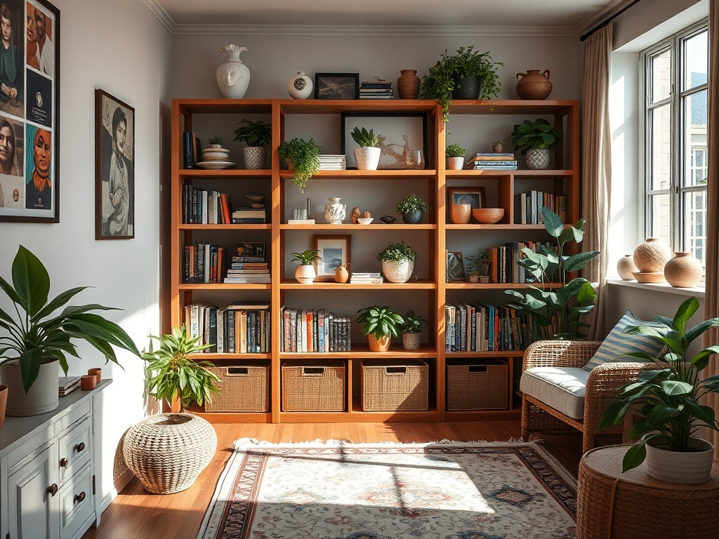Raft plin cu cărți și plante verzi, într-o cameră luminoasă cu un covor decorativ și mobilier confortabil.
