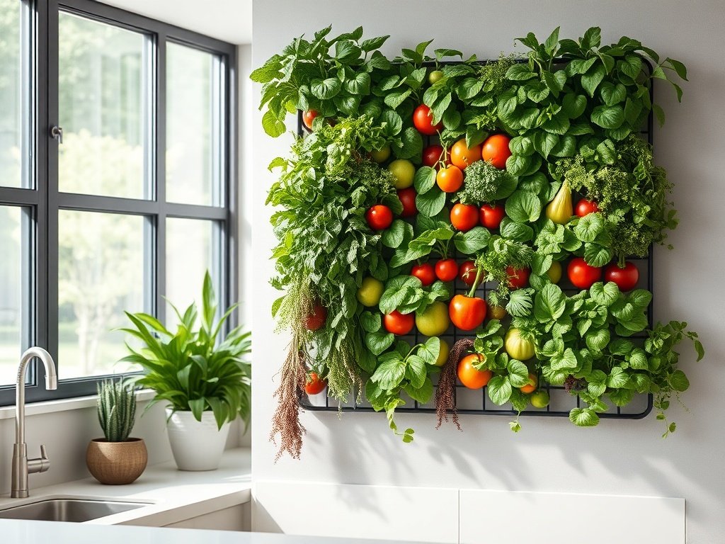 Perete vertical cu plante verzi și legume, inclusiv roșii și ardei, într-o bucătărie luminoasă.