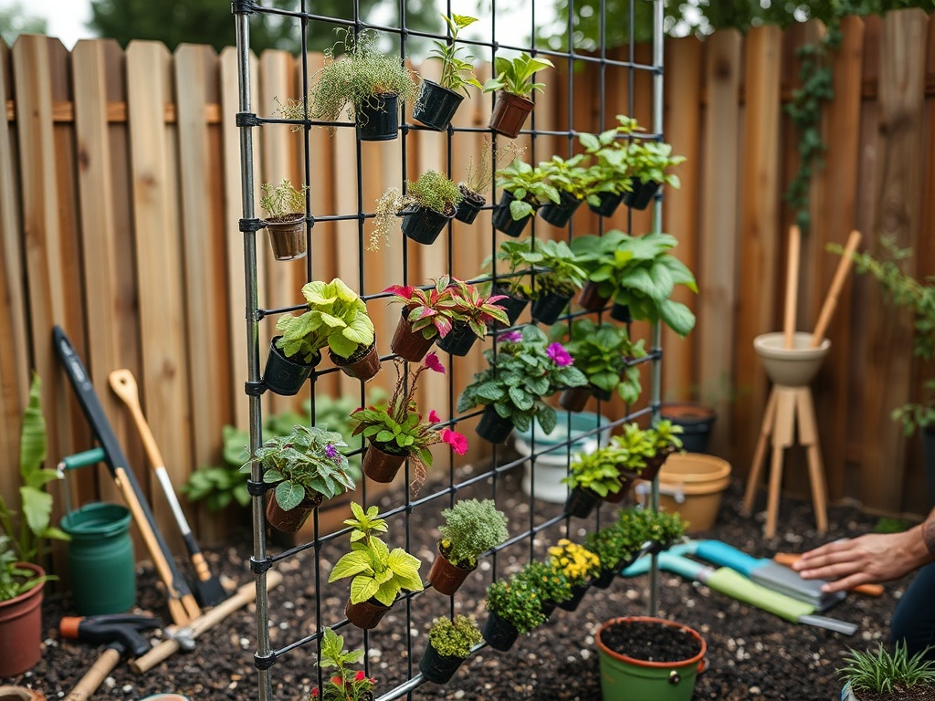 Un perete vertical cu plante în ghivece mici, amplasat într-o grădină, cu unelte de grădină în fundal.